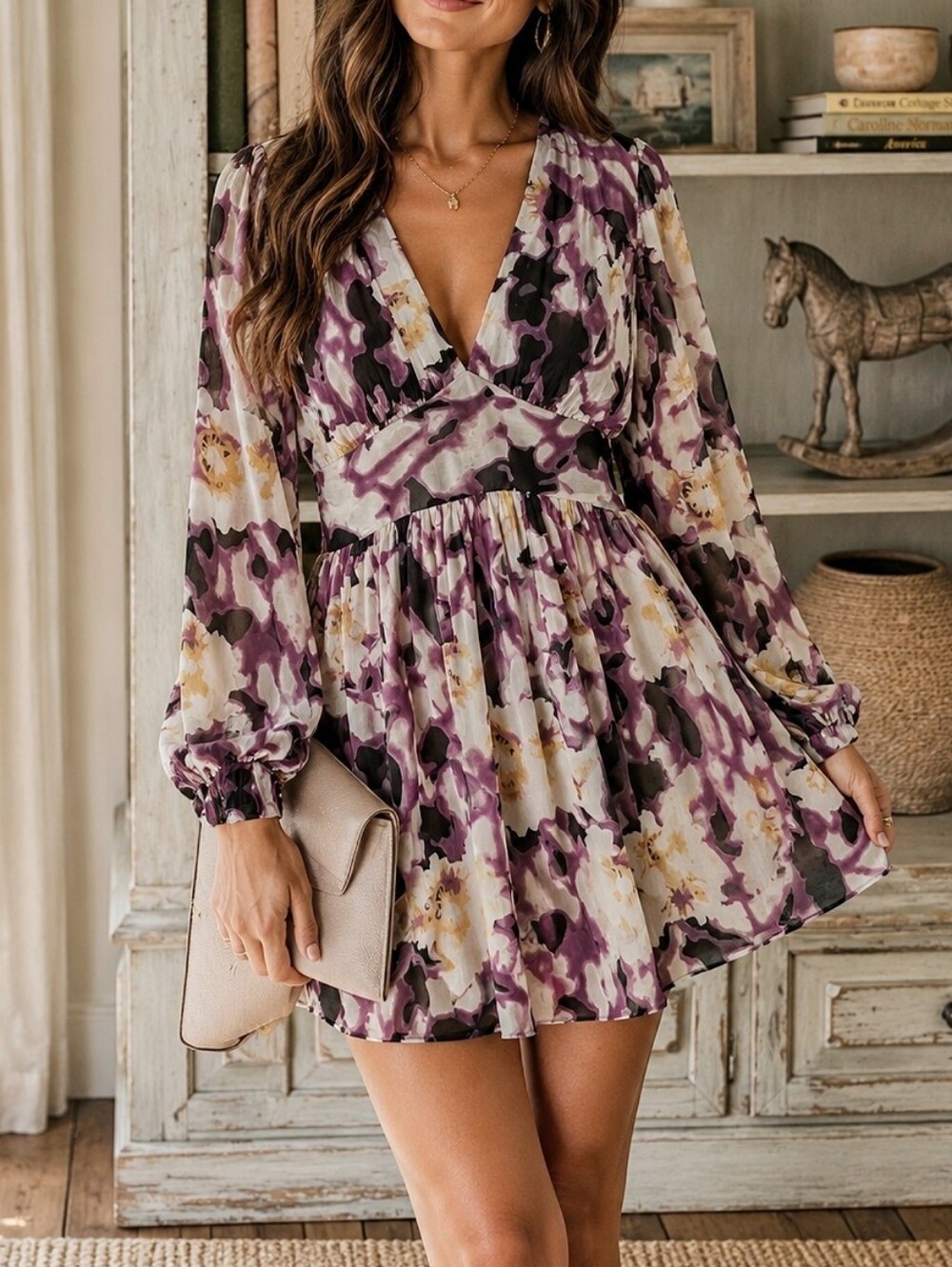 Milly of New York Silk Chiffon Long Sleeve Floral Abstract Mini Dress